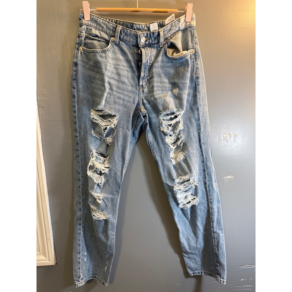 HM &Denim Light Wash Distressed High‎ Waisted Button Fly Straight Leg Jeans 31